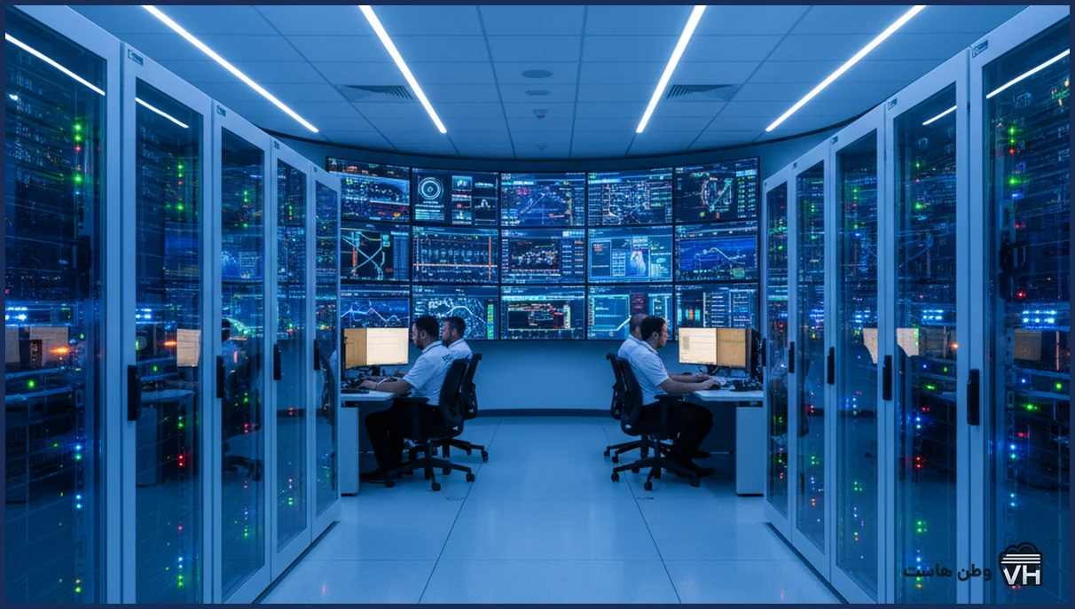 دیتاسنتر مدرن با سرورهای روشن و مانیتور مانیتورینگ