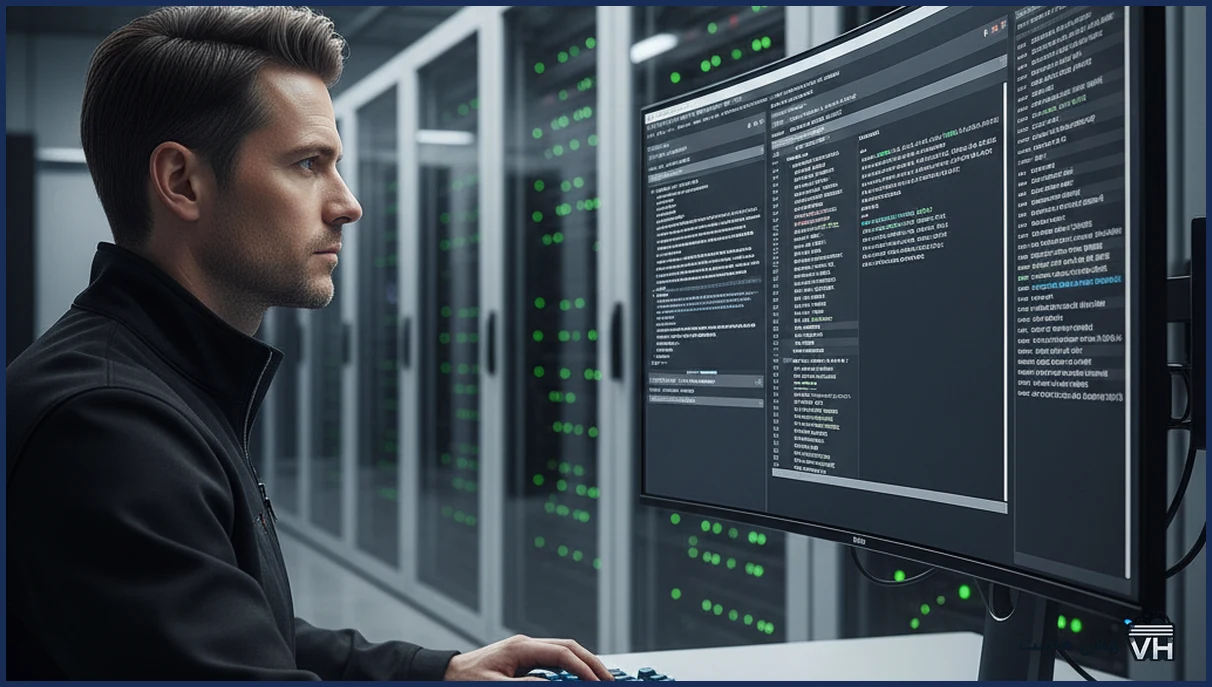 مدیریت فایروال لینوکس روی مانیتور در اتاق سرور